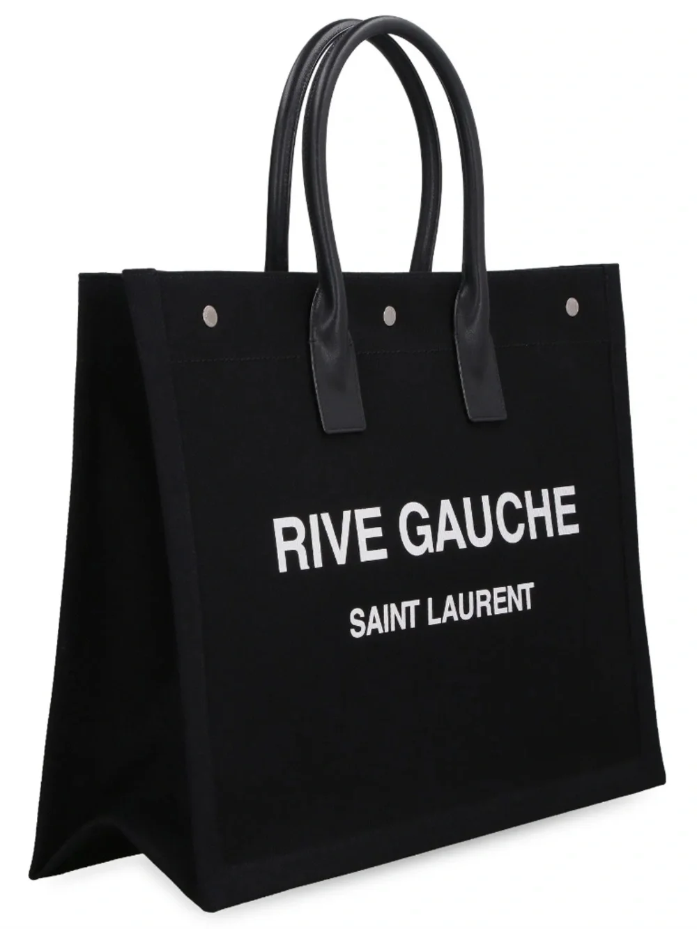 Saint Laurent YSL Rive Gauche Black White Canvas Logo Leather Tote Bag